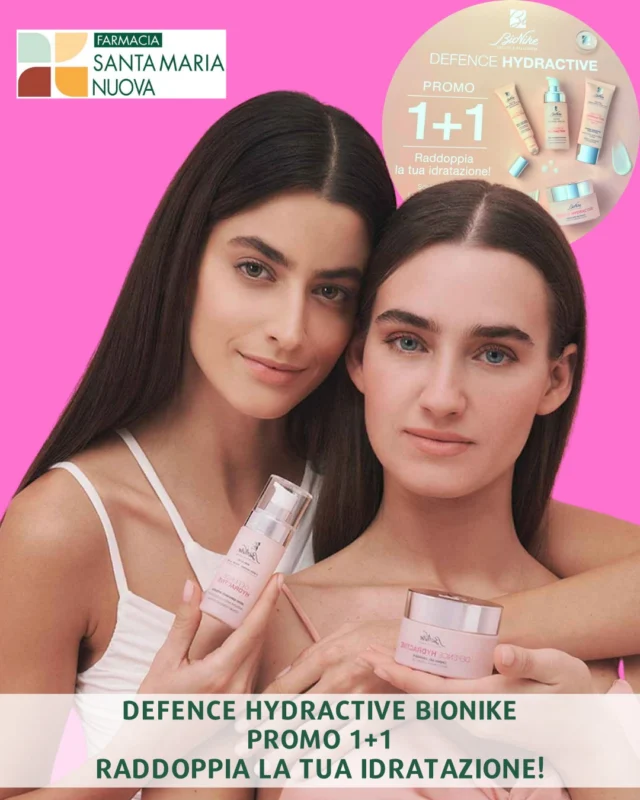 ✨ PELLE IDRATATA x2! ✨
Alla Farmacia Santa Maria Nuova ti aspettiamo con la  PROMOZIONE 1+1 firmata BioNike sulla linea DEFENCE HYDRACTIVE!

💧 48 ore di idratazione attiva
🌿 Perfetta per le pelli sensibili
🛡 Protegge da stress, inquinamento e luce blu⠀
Con il complesso Hyaluron-pro e acido ialuronico a diversi pesi molecolari, dona idratazione immediata e continua, in tutti gli strati della pelle.
⠀
Scopri la routine completa:
STEP 1 Siero Idratante Intensivo
Per potenziare l’effetto dei trattamenti successivi
STEP 2 Siero Contorno Occhi Idratante
Per attenuare segni di stanchezza e gonfiori
STEP 3 Crema-Gel Idratante
Per un aspetto radioso, tonico e levigato
⠀
🛍 PROMO SPECIALE 1+1
➡️ Scegli 2 prodotti, il meno caro è incluso!⠀
💙 RADDOPPIA LA TUA IDRATAZIONE, non la spesa 😉
Ti aspettiamo in farmacia per aiutarti a trovare la routine più adatta a te!