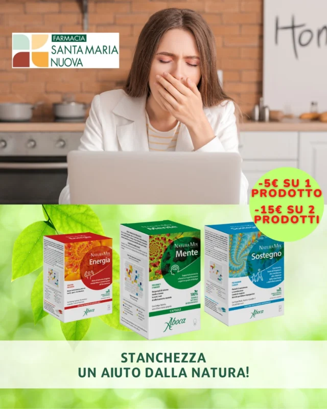 🌿 CAMBIO DI STAGIONE = STANCHEZZA?
Ricarica naturalmente le tue giornate con Natura Mix di Aboca 💚
⠀
📚 Famiglia, lavoro, studio, casa, sport…
Le giornate sono piene, ma le energie a volte proprio no.
Questa sensazione ha un nome: fatigue.
⠀
💡 L’approccio Aboca è naturale al 100%:
🌱 senza conservanti né eccipienti
🌱 centinaia di sostanze naturali che parlano lo stesso linguaggio del tuo organismo
⠀
✨ Scopri la linea Natura Mix Advanced:
🔸 Sostegno – Per adulti e bambini, contro spossatezza e convalescenza
🔸 Energia – Per adulti sempre in movimento: Eleuterococco per corpo e mente
🔸 Mente – Per adulti e ragazzi sotto stress da studio o lavoro: con Ginkgo per memoria e performance
⠀
🎁 PROMOZIONE ATTIVA
🟢 -5€ sull’acquisto di 1 prodotto
🟢 -15€ sull’acquisto di 2 prodotti
⠀
Non aspettare che la stanchezza ti fermi: vieni in farmacia e ricarica le tue giornate! 🌞