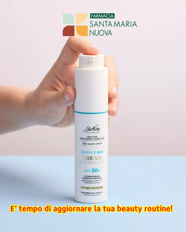 😊Con l’arrivo della bella stagione, è tempo di aggiornare la tua beauty routine!
Alla Farmacia Santa Maria Nuova ti consigliamo di proteggere la tua pelle ogni giorno con Age UV Specialist SPF 50+ di BioNike: 
una crema da giorno fotoprotettiva, correttiva e idratante, perfetta per la primavera e l’estate.
✔️ Protezione ad ampio spettro (UVA lunghi, UVB, IR)
✔️ Riduce rughe e linee sottili
✔️ Previene e corregge le macchie
✔️ Leggera, a rapido assorbimento, invisibile sulla pelle

Grazie ad attivi come Acido Ialuronico, Ectoina e Niacinamide, è il tuo alleato quotidiano per una pelle protetta, idratata e luminosa.
✨ Vieni in farmacia per scoprire tutti i benefici di Age UV Specialist!😉