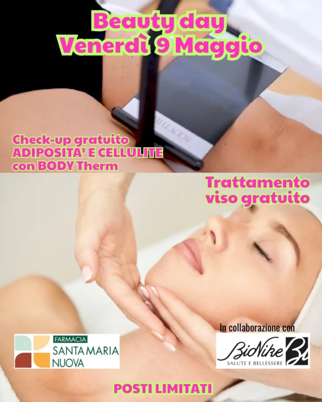 Venerdì 9 Maggio BEAUTY DAY alla Farmacia Santa Maria Nuova di Bertinoro 🌸
Solo su prenotazione, scegli fra:
💆‍♀️Trattamento VISO gratuito per una pelle più luminosa ed idratata
OPPURE
 👉🏻Il CHECK-UP gratuito adiposità e cellulite con analisi professionale
Una consulente esperta utilizzerà BodyTherm, un dispositivo all'avanguardia per analizzare con precisione cellulite e adiposità localizzate e offrirti consigli mirati per il tuo benessere.
✨ Non perdere questa occasione per prenderti cura di te! ✨
Farmacia Santa Maria Nuova – Via A. Garibaldi 31/33, Bertinoro (FC)
POSTI MIMITATI🚨Prenota SUBITO →☎️ Tel. 0543 567236