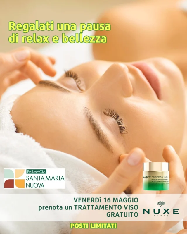 Regalati una pausa di relax e bellezza!
🧖‍♀️VENEDì 16 MAGGIO alla Farmacia SANTA MARIA NUOVA
Per te un TRATTAMENTO VISO #GRATUITO firmato NUXE!
 ☎️Chiamaci e prenota I POSTI SONO LIMITATI 
Tel. +39 0543 567236
Farmacia Santa Maria Nuova
Via A. Garibaldi 31/33 – 47032 Bertinoro (FC)

😍Noi adoriamo Nuxe! 🍃
Una linea seria e glamour, efficace e sensoriale, un vero lusso quotidiano.
Ispirata alla natura, la ricerca NUXE è all’avanguardia.
Garantisce risultati ed offre emozioni uniche.
Ti aspettiamo!!